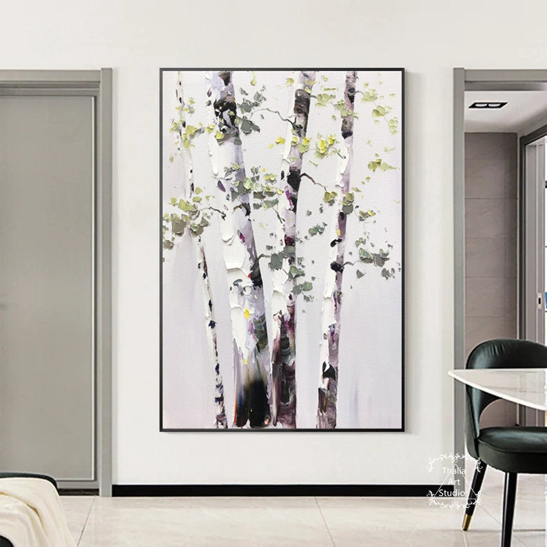 Birch Tree Landscape Wall Art Original Birch Tree Abstract Painting Large Painting Modern White Abstract Texture Painting Living Room Art