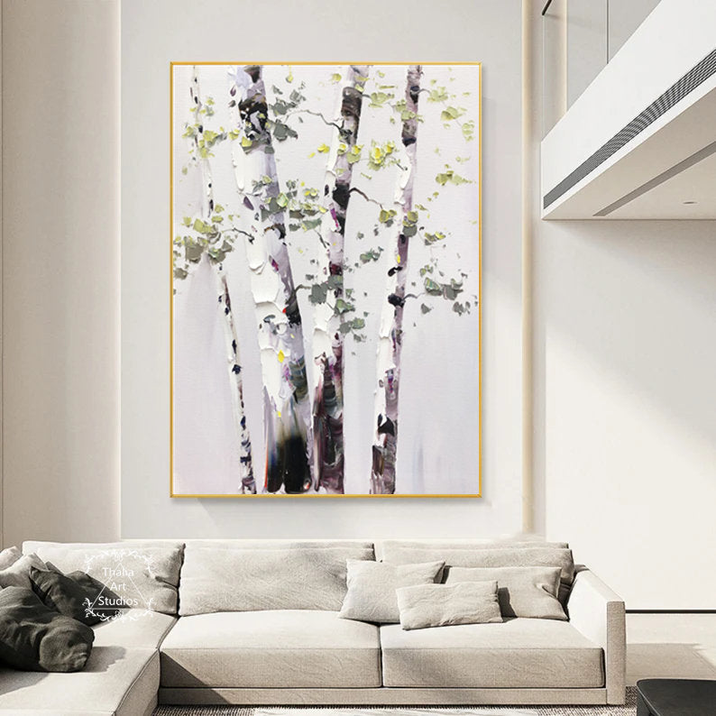 Birch Tree Landscape Wall Art Original Birch Tree Abstract Painting Large Painting Modern White Abstract Texture Painting Living Room Art