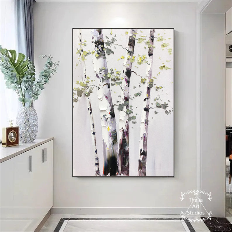 Birch Tree Landscape Wall Art Original Birch Tree Abstract Painting Large Painting Modern White Abstract Texture Painting Living Room Art