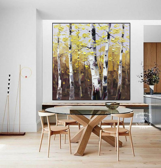 Birch Tree Oil Painting, Original Acrylic Art, Birch Tree Painting On Canvas, Autumn Birch Tree Landscape Painting, Large Living Room Mural