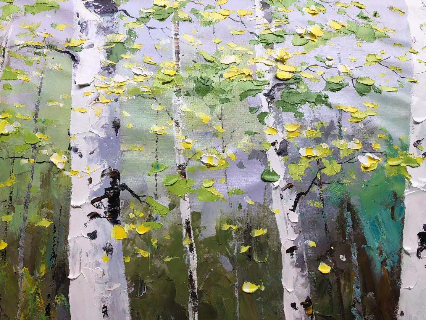 Large Green Birch Painting, Original Birch Tree Landscape Painting Birch Forest Abstract Painting, Modern Acrylic Knife Painting, Office Art